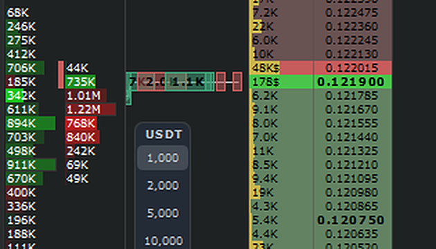 Lower part of the same DOM: the best ask and best bid where price is now, and buy orders below